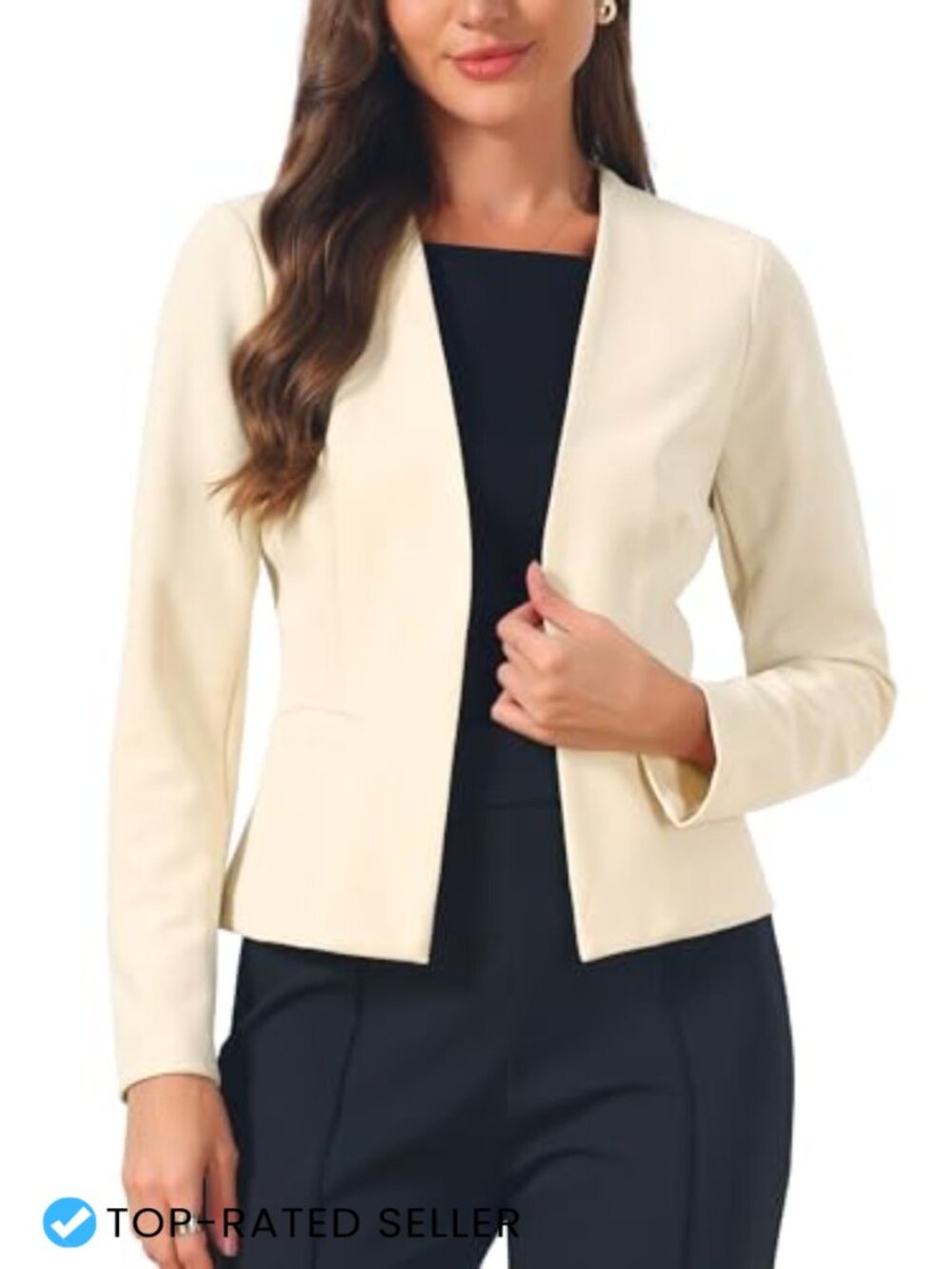Collarless Blazer Women's Work Suit Jacket Long Sleeve Cinched Waist Office